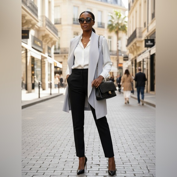 Revamped Jackets & Blazers - Revamped Light Gray/Grey Cape Jacket/Sleevess Blazer with Belt - Quiet Luxury